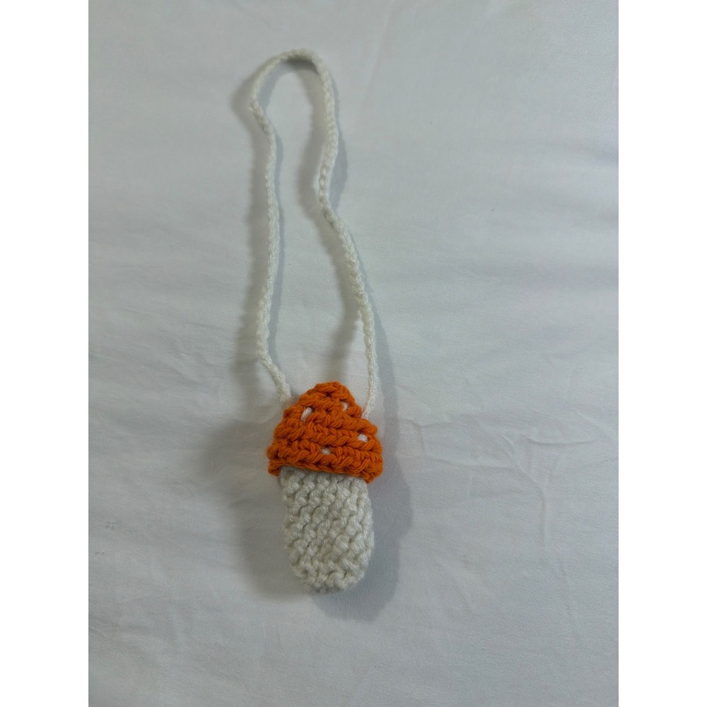 Handmade Crochet Mushroom Lighter Holder Necklace Orange White Toadstool Boho